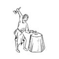 Medieval art of blacksmith holding hammer and horseshoe in tongs on anvil Royalty Free Stock Photo