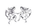 Medieval art of two middle ages women dancing, dark ages holiday dancers ladies couple Royalty Free Stock Photo