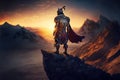 medieval asian armed male Kazakh warrior in traditional armor on top of mountain at sunset. Generative AI illustration Royalty Free Stock Photo