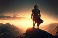 medieval asian armed male Kazakh warrior in traditional armor on top of mountain at sunset. Generative AI illustration Royalty Free Stock Photo