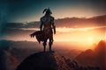 medieval asian armed male Kazakh warrior in traditional armor on top of mountain at sunset. Generative AI illustration Royalty Free Stock Photo