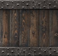 Medieval background with old metal frame over wooden planks 3d illustration Royalty Free Stock Photo