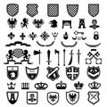 Medieval badges. Heraldic emblems collection with silhouettes of ribbons knight weapons lions crowns swords vector set