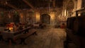 Medieval banquet hall lit by candles and torches at night. 3D illustration