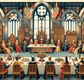 Medieval Banquet Hall with Nobility and Feast