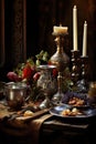 a wealthy medieval banquet table. still life photography style.