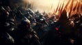 Medieval battle of knights warriors for castle. Fierce battle on battlefield, knights with swords are fighting the enemy. Decisive