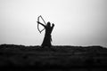 Medieval battle scene with cavalry and infantry. Silhouettes of figures as separate objects, fight between warriors on dark toned Royalty Free Stock Photo