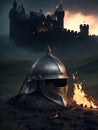 Medieval battle scene with knightly helmet and castle in the background Royalty Free Stock Photo