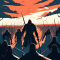 Medieval battle scene with knights in armor, vector cartoon . AI Generated