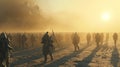 Medieval battle scene. Military silhouettes fighting scene on a desert