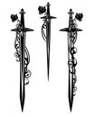 Battle sword and dagger blades with rose flowers black vector design set