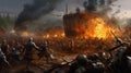 Medieval battle between two armies created with Generative AI. Huge fortress. Burning fire.