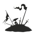 Medieval battlefield landscape. Isolated silhouette of warrior grave. Knight mound with sword, helmet and flags