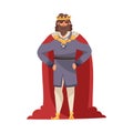 Medieval Bearded King with Crown Wearing Red Mantle Vector Illustration