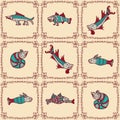 Medieval bestiary style pattern of aquatic beast and sea monsters. Doodle ancient print for tee, paper, textile and fabric. Hand Royalty Free Stock Photo