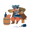 Medieval big man. Scary pirate eats meat with pleasure with a knife in his hand. The character of the pirate. Vector