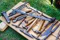 Medieval blacksmith shop. Tools and weapons for sale Royalty Free Stock Photo
