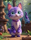 Medieval blue purple cat with crystal necklace 3d cartoon at the forest Leonardo AI Computer Generated Royalty Free Stock Photo