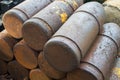 Medieval bombs with patina. Iron shell of cannon balls. Historical military ammunition.