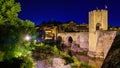 Medieval bridge that crosses the river in the ancient city of Besalu at night, Gerona, Spain. Royalty Free Stock Photo