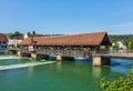 Medieval bridge over the Reuss river in the Swiss town of Bremgarten Royalty Free Stock Photo