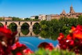Medieval bridge over the Tarn river in Montauban city on sunny day