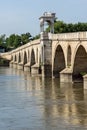 Medieval Bridge from period of Ottoman Empire over Meric River in city of Edirne, Turkey