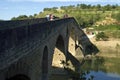 Medieval bridge, pilgrims and river Arga, Spain Royalty Free Stock Photo