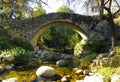 Medieval bridge on the Via de la Plata over the Ambroz river in Hervas, Caceres province, Extremadura, Spain