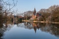 Medieval building Castle on Love lake, Minnewater Park in Bruges, Belgium Royalty Free Stock Photo