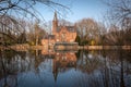 Medieval building (Castle) on Love lake, Minnewater Park in Bruges, Belgium Royalty Free Stock Photo