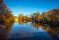 Medieval building (Castle) on Love lake, Minnewater Park in Bruges, Belgium. Royalty Free Stock Photo