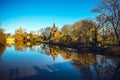 Medieval building (Castle) on Love lake, Minnewater Park in Bruges, Belgium. Royalty Free Stock Photo