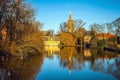 Medieval building (Castle) in Love lake, Minnewater Park in Bruges, Belgium. Royalty Free Stock Photo