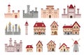 Medieval buildings. Ancient european town and village house, cottage and windmill. Cartoon tower, castle and palace