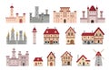 Medieval buildings. Ancient european town and village house, cottage and windmill. Cartoon tower, castle and palace. Architecture