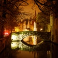 Medieval buildings in Bruges, Belgium old town Brugge illuminated at night