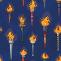 Medieval burning cartoon torches pattern. different shaped torch lights ,ancient metal flaming. vector cartoon seamless