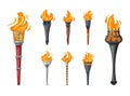 Medieval burning cartoon torches set. ancient metal flaming different shaped torch lights. vector cartoon objects.