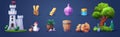 Medieval buttons, game menu components, gold metal oblong banners with ornate rims, empty royal GUI bars for RPG or