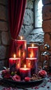 Medieval candle display with red roses and lantern in stone castle interior Royalty Free Stock Photo