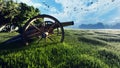 Medieval Cannon in a field in the middle of green grass at sunrise before the battle. 3D Rendering