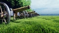 Medieval Cannon in a field in the middle of green grass at sunrise before the battle. 3D Rendering