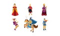 Medieval Cartoon Characters Of A Queen, A King, A Prince, A Jester, A Knight On Horseback And A Herald In Vector