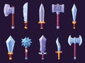 Medieval cartoon weapon. Swords and knife, sabre, axe and hammer. Old style game icons, iron weapons with shine blade Royalty Free Stock Photo