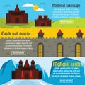 Medieval castle banner horizontal set, flat style Royalty Free Stock Photo