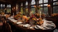 Medieval castle banquet with candlelit tables, royal feasts, golden sunlight through stained glass
