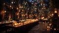 Medieval castle banquet opulent feasting in grand hall with candlelit tables and golden sunlight