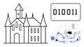 Medieval Castle with Binary Code and AI Robot Representing Technology Advancing Through History Royalty Free Stock Photo